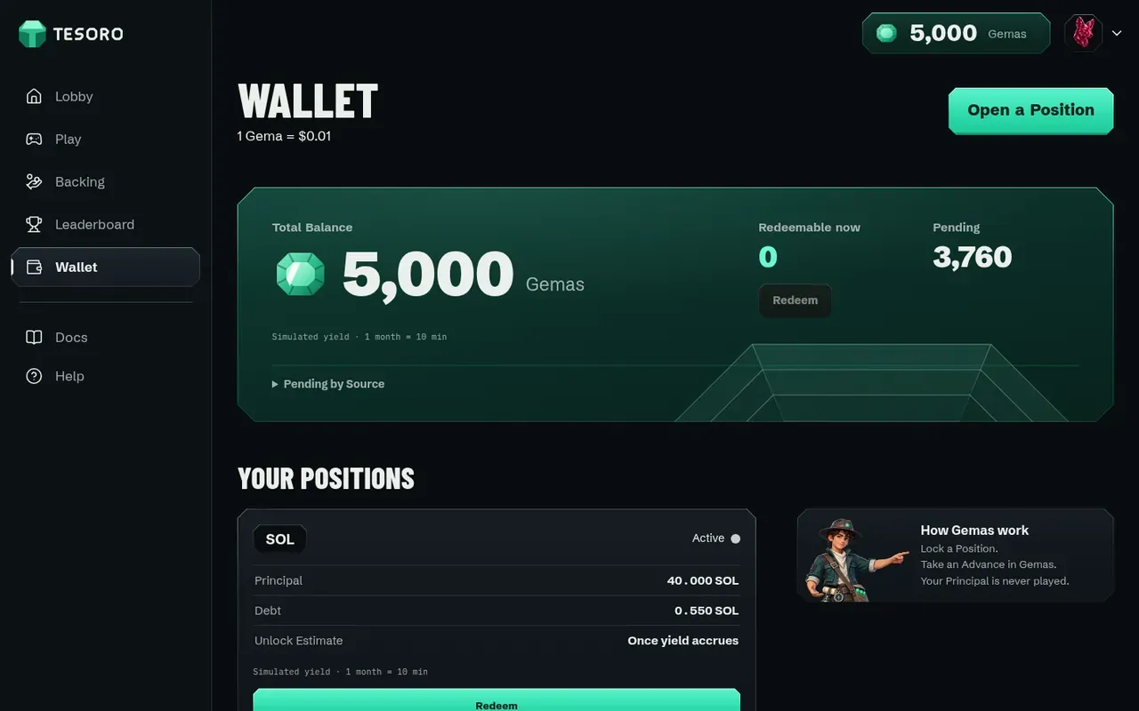 The Wallet listing Gemas by Source, redeemable now and pending